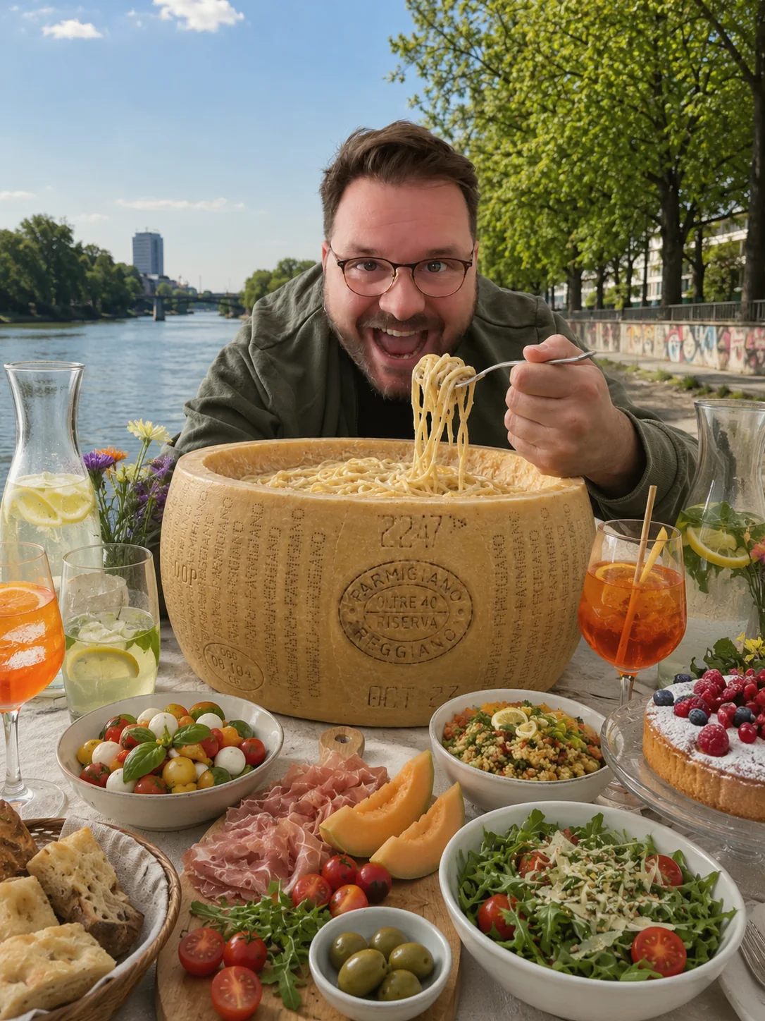 Pasta aus dem Parmesanlaib und Buffet am Wasser